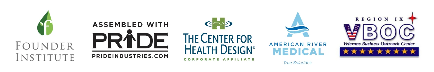 Five organizational logos: Founder Institute, Assembled with Pride, The Center for Health Design, American River Medical, and Region IX BOC