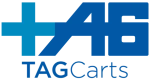 TAGCarts logo with plus sign and arrow design in blue