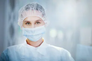 Healthcare worker wearing surgical mask, head covering, and protective gown in medical setting
