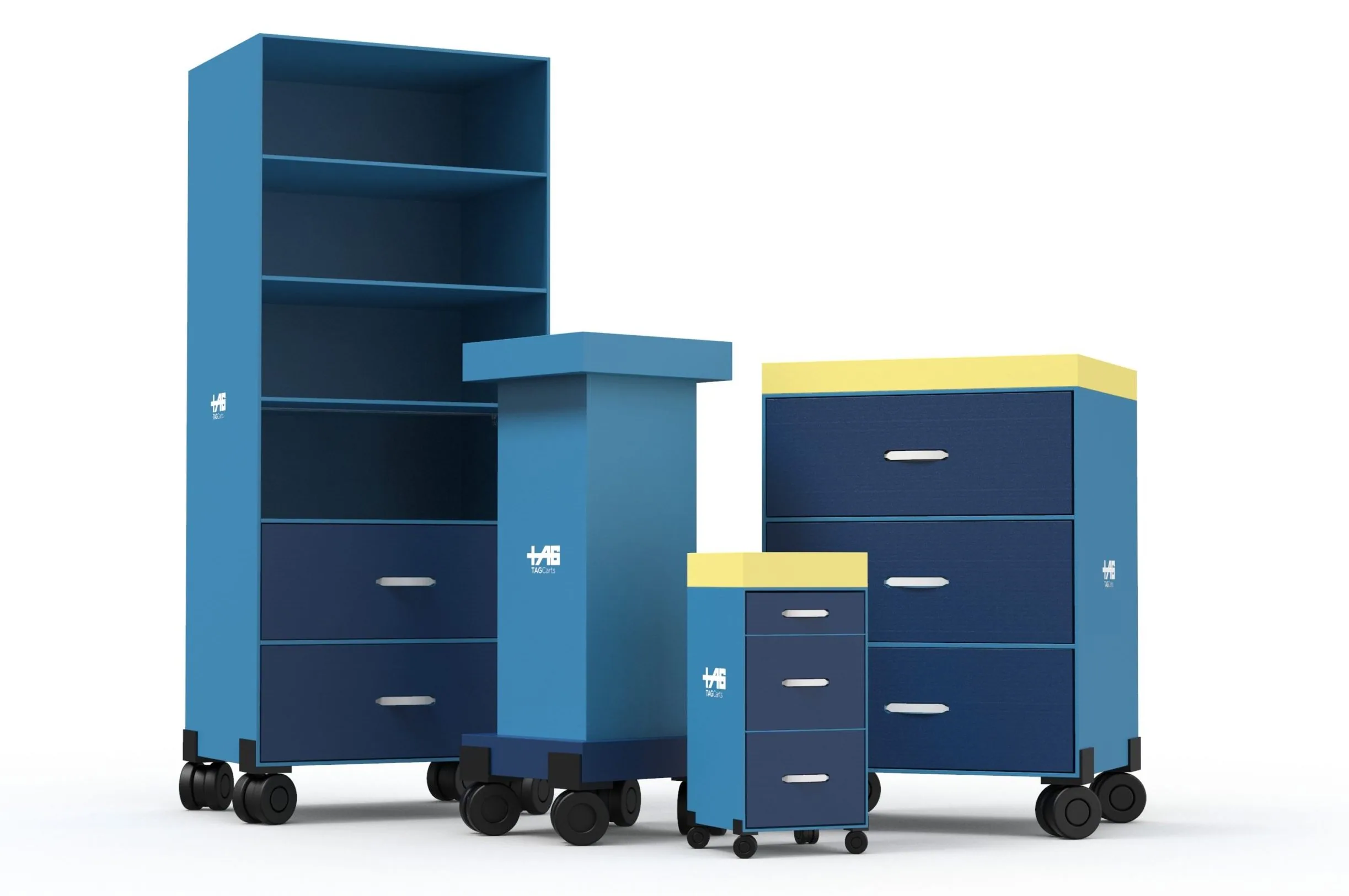 Three blue and navy storage carts with yellow accents on white wheels, arranged in descending size order