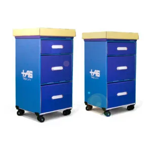 Two blue mobile storage carts with yellow tops, white handle pulls, and casters