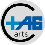 Circular logo with black curved border containing blue stylized text and medical cross symbol above the word arts