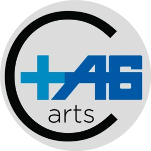 Circular logo with black curved border containing blue stylized text and medical cross symbol above the word arts